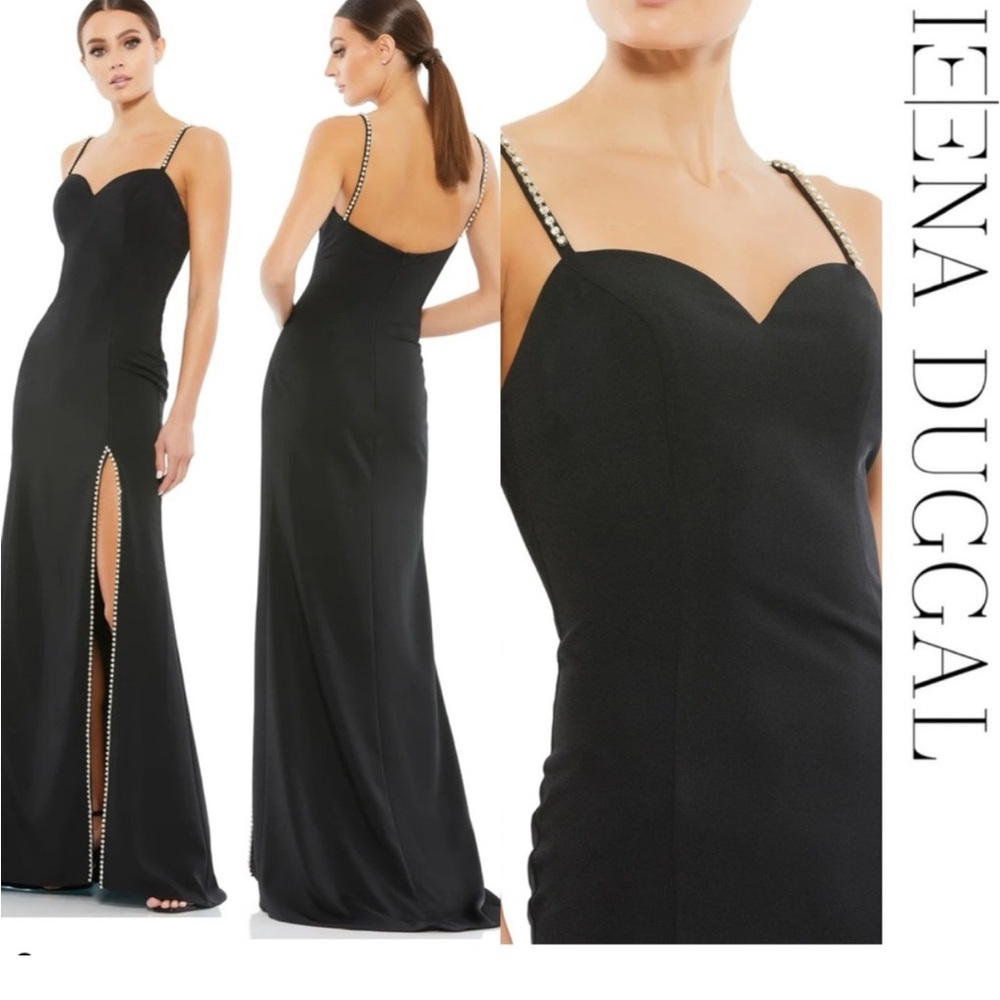 Ieena Duggal Black Elegant Dress with Rhinestone Embellishments